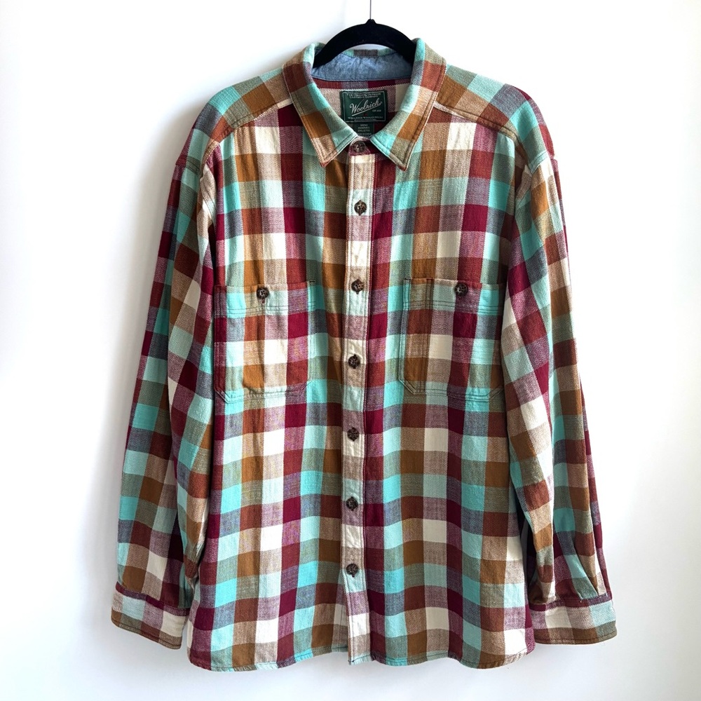 Woolrich Plaid Button-Up Flannel Longsleeve Shirt in Teal Burgundy Tan Size 2XL